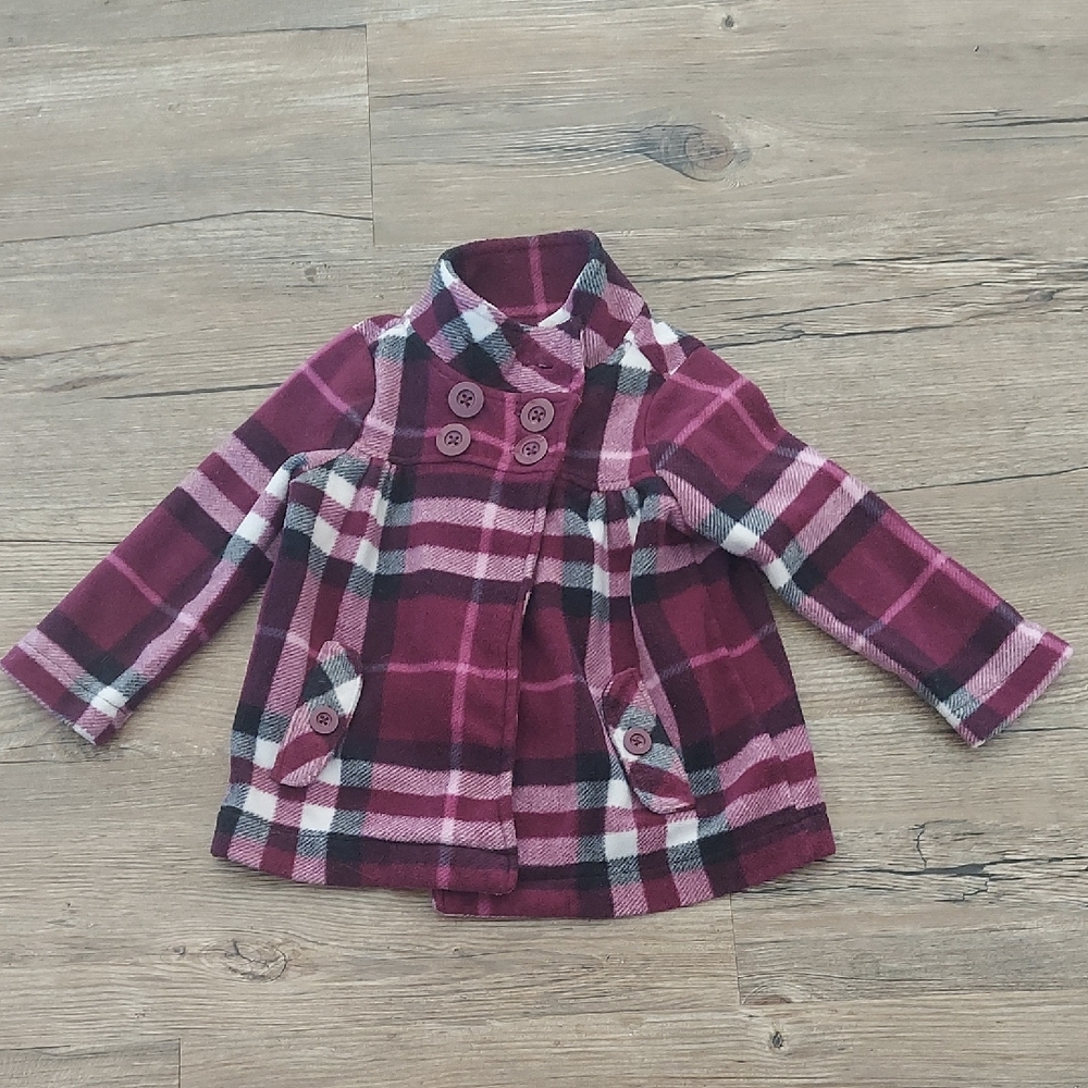 Old Navy Kids Plaid Pea Coat - Pink and Black
